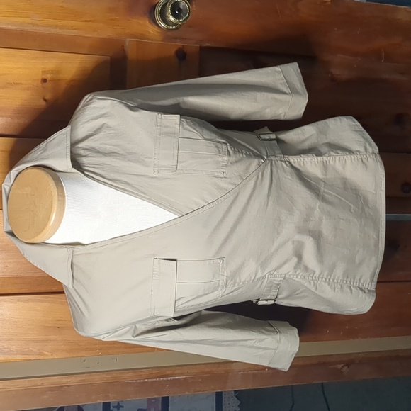 MEXX* 3/4 sleeve faux wrap front side buckle 2pkt side zip access khaki blouse - Picture 1 of 16